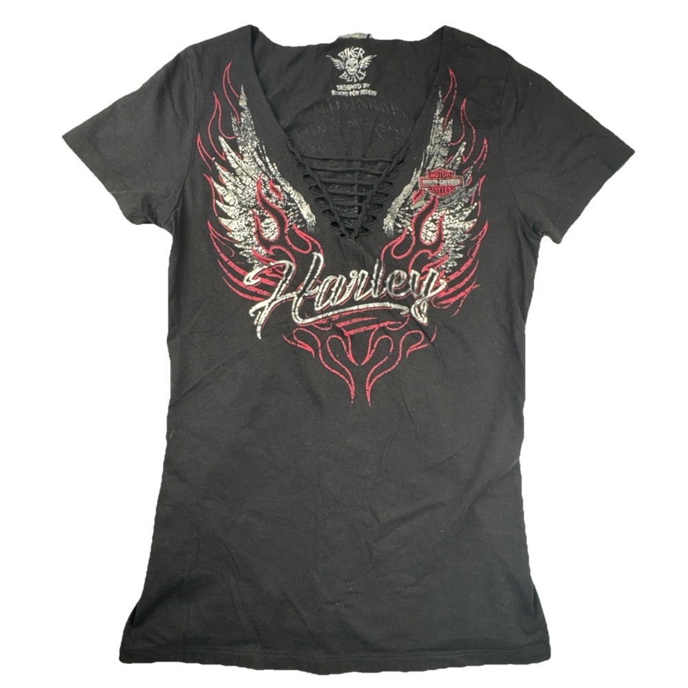 Harley-Davidson Womens T-Shirt‎ S Black Cotton Biker Lace Up Honolulu Hawaii Tee